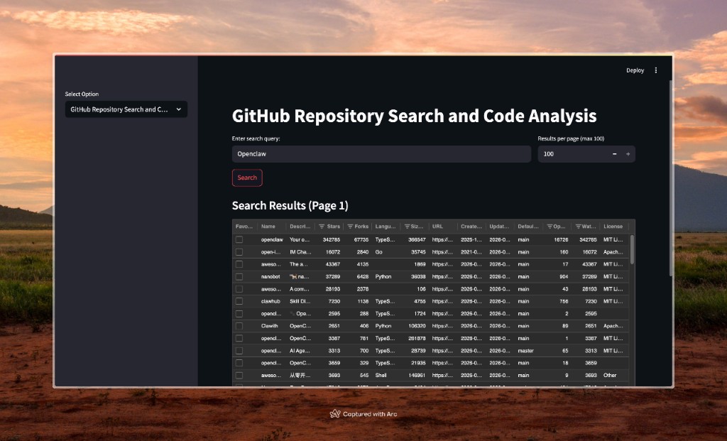 GitHub Repository Search and Code Analysis Streamlit app: search query, results table with stars, forks, and languages.