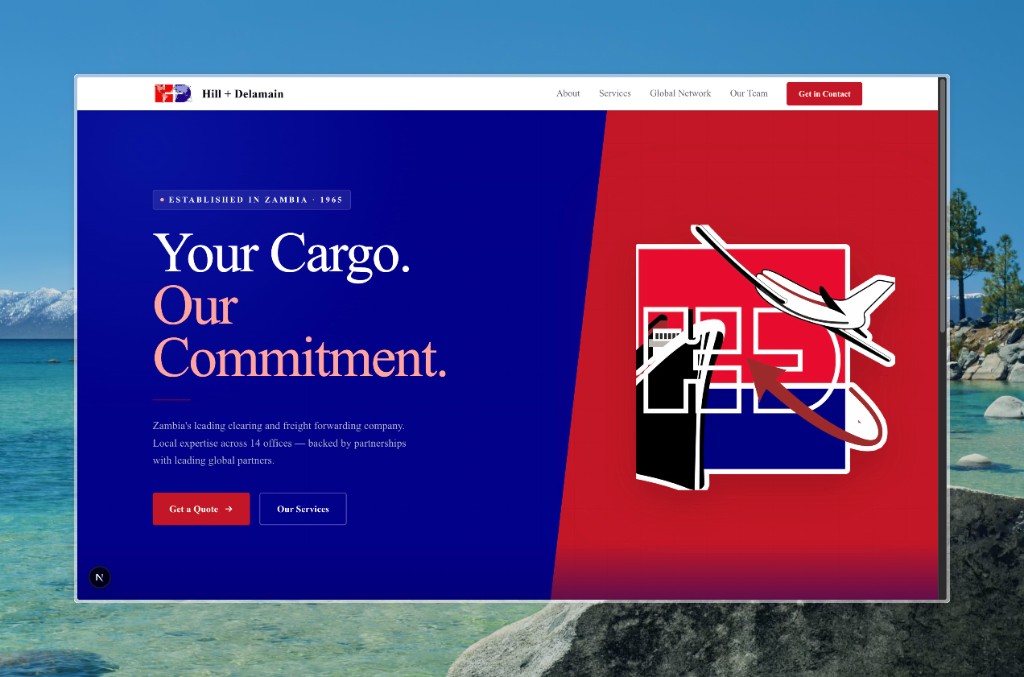 Hill & Delamain homepage hero: split blue and red layout with Your Cargo, Our Commitment headline and freight forwarding illustration.