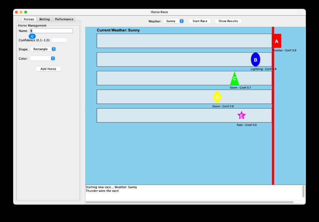 Horse Race Swing UI: lanes with shapes, weather controls, horse management sidebar, and race log.