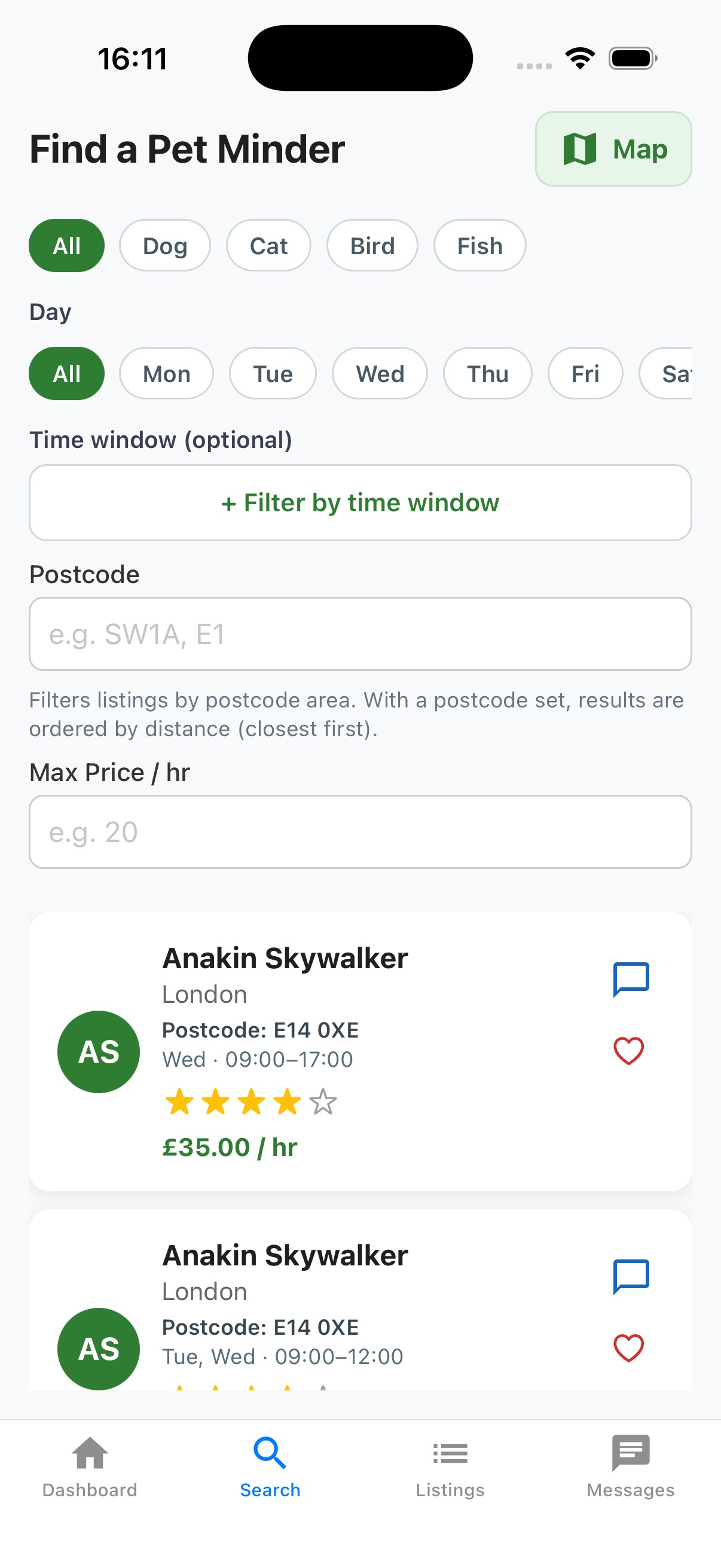 SafePaws dashboard: booking requests, jobs as a minder, upcoming bookings, and my pets.