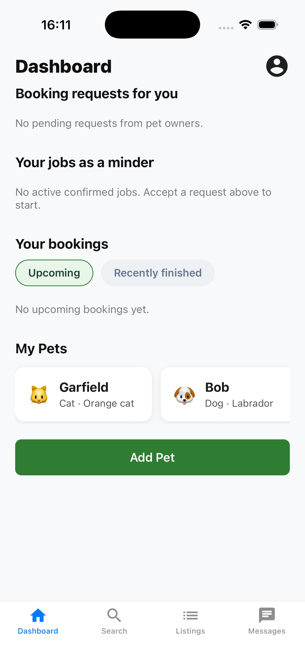 SafePaws find a pet minder screen: filters for pet type, day, time window, postcode, and price, with minder results.